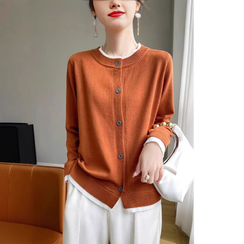 Cross-Border Color Matching Fake Two-Piece Mercerized Cotton Knitted Cardigan Women's Round Neck Loose Slimming Look Long-Sleeved Top Autumn and Winter Sweater Winter