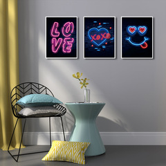 跨境抽象霓虹燈LOVE客廳臥室情人節牆面裝飾畫家居三聯畫無框畫芯