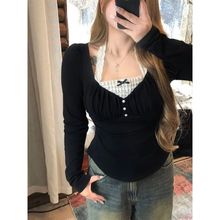 大码胖mm纯欲风蕾丝打底针织衫秋冬修身显瘦假两件T恤长袖上衣女