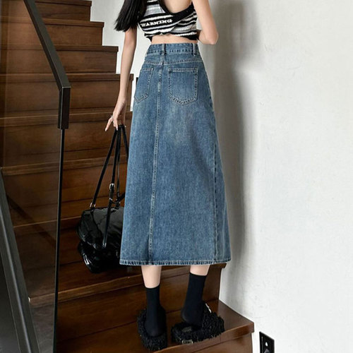 Small niche high-waisted denim slit semi-body leisure meat-hiding A-line medium-long retro bustier dress for women and children