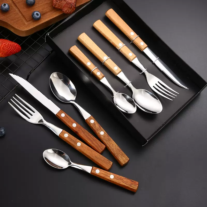 亚马逊304不锈钢刀叉勺花梨木柄刀叉勺西餐牛排刀叉勺礼盒四件套