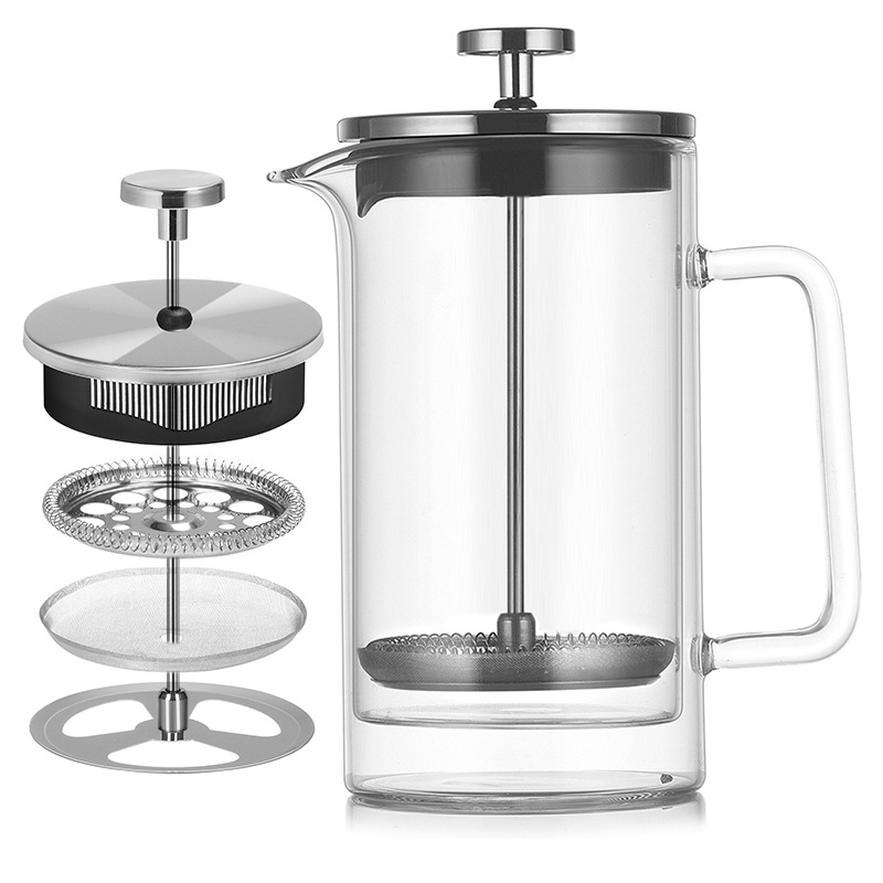 High Borosilicate Glass Double-Layer French Press Pot for Coffee and Tea, Sharing Pot for Home Use, French-Style Filter Press Milk Frothing Pot