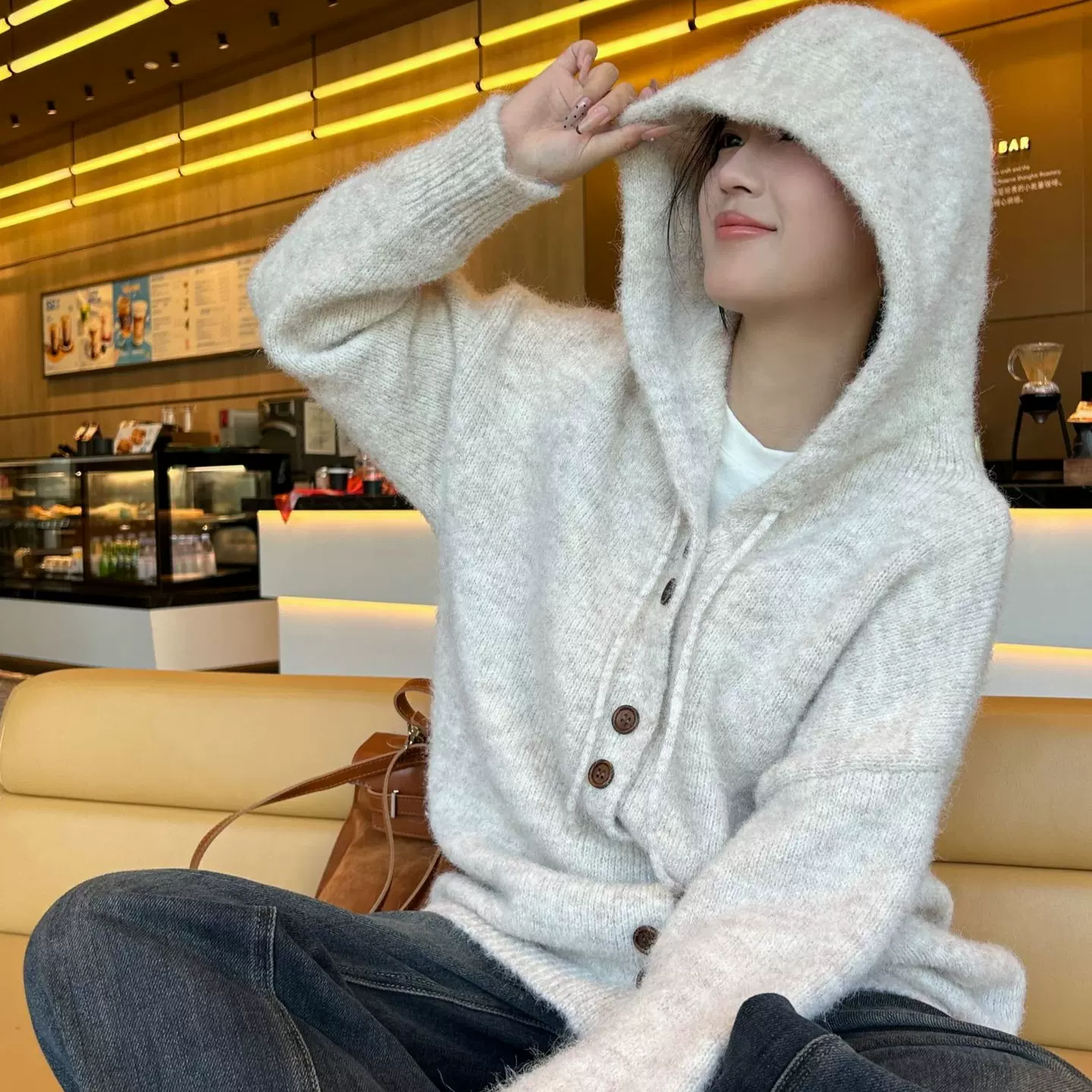 【大被子毛衣】温柔韩系糯糯秋冬连帽慵懒风毛衣百搭开衫HH-005