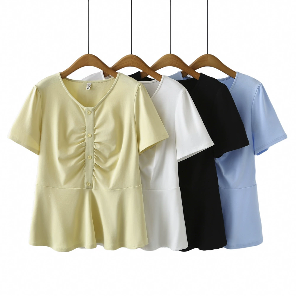 Лето 2025, рубашка с короткими рукавами, большие размеры, женская корейская мода, шикарный свободный топ с v-образным вырезом для похудения, 067