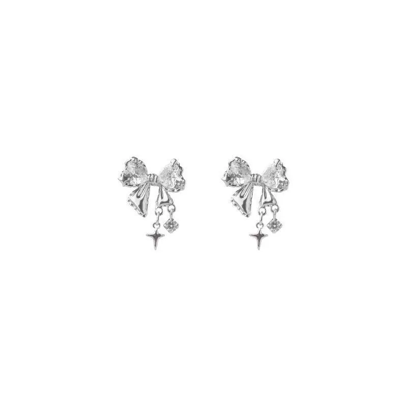 Zirconium with bow, small design fashionable earrings, trend of season, internet celebrity