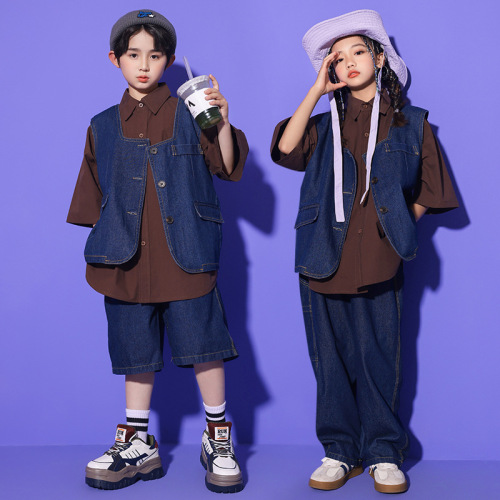 Girls' jazz dance clothing handsome jeans street dance performance suit set children's hip hop hiphop show stage fashion 