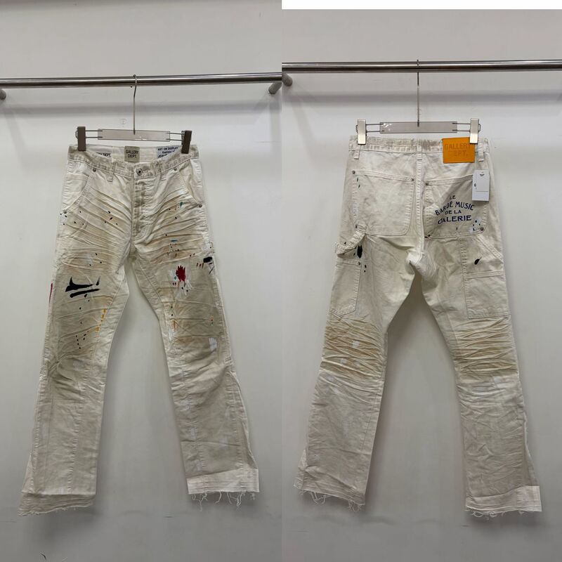 Gallery Dept. White Leather Patch Cross Appliqué Washed Vintage Patchwork Jeans with Slight Flare, Unisex Style Gallery Dept. White Leather Patch Cross Appliqué Washed Vintage Patchwork Jeans with Slight Flare, Unisex Style