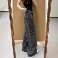 女性のためのグレーのワイドレッグデニムワイドレッグパンツ夏の新しいルーズプラスサイズファットmmスリム梨型ボディストレートパンツ