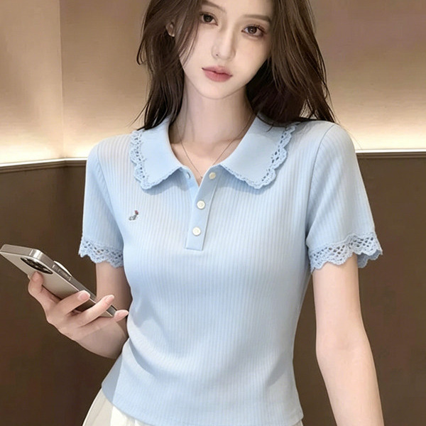 Light Luxury Lace Splicing Short-Sleeved Polo Collar Knitwear for Women, New Summer Style, Work Clothing Style, Age-Reducing Thin T-Shirt Top Light Luxury Lace Splicing Short-Sleeved Polo Collar Knitwear for Women, New Summer Style, Work Clothing Style, Age-Reducing Thin T-Shirt Top