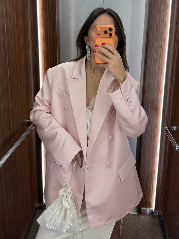Saco Blazer de Satén con Solapa para Mujer Poliéster para Oficina y Eventos
