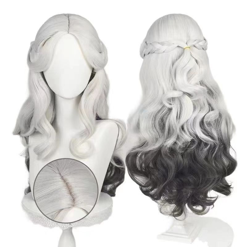 Meng Qian Identity V Psychologist Long Night Cosplay Wig Black and White Synthetic Hair with Realistic Scalp Top Long Curly Hair Meng Qian Identity V Psychologist Long Night Cosplay Wig Black and White Synthetic Hair with Realistic Scalp Top Long Curly Hair