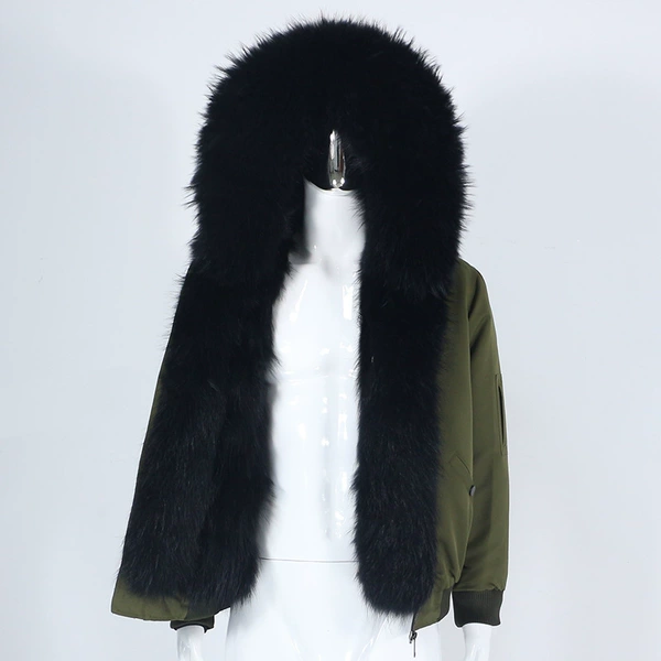 Military green shell + black raccoon fur + black artificial fur liner