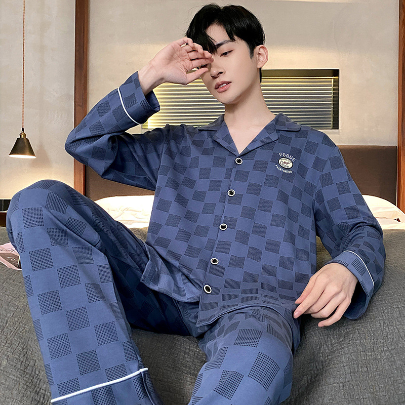 Pijamas de los hombres de primavera y otoño de manga larga casual de los hombres más el tamaño de la juventud suelta temperamento de mediana edad conjunto completo traje de moda para el hogar