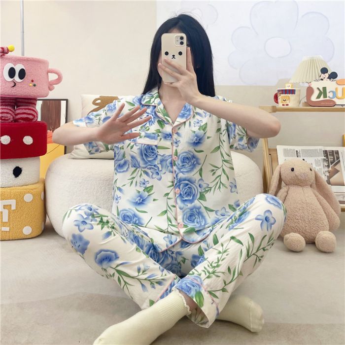 Pijamas transfronterizos al por mayor para mujer nube algodón otoño verano rebeca solapa pantalones de manga corta traje de servicio a domicilio simple y cómodo