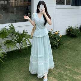 大码女装胖时尚减龄气质设计感法式领短袖衬衫半身裙两件套夏