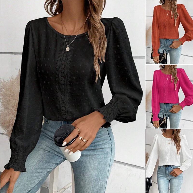 in stock New Amazon wish European and American Cross-border Women's Crewneck Lace Casual Solid Color Shirt Cross-border in stock