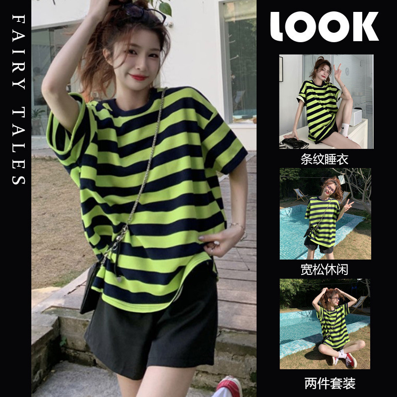 Internet Celebrity Ins Style Striped Pajamas Women's Summer Short-sleeved Shorts Korean Style Casual Loose Outwear Home Clothes Wholesale Internet Celebrity Ins Style Striped Pajamas Women's Summer Short-sleeved Shorts Korean Style Casual Loose Outwear Home Clothes Wholesale