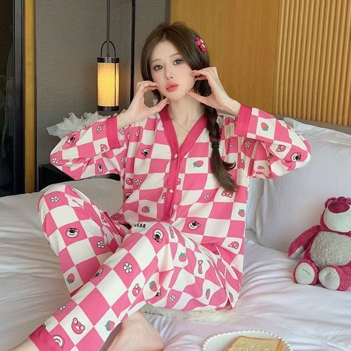Women's Spring and Autumn Polyester Cardigan Pajamas V Neck Double Long Sleeve Trousers Set Soft Skin-Friendly Home Wear Loose Outer Wear