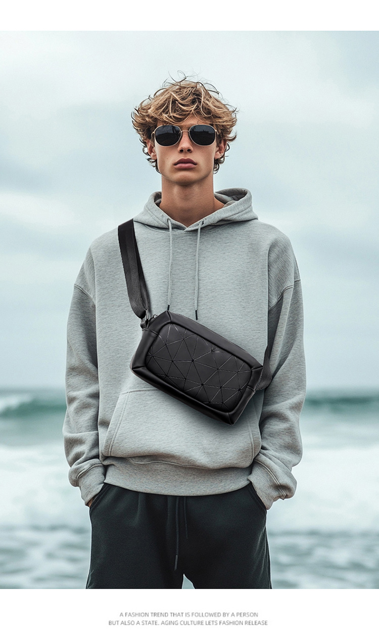Square Shape Small Size Men's Solid Color Oxford Cloth Sewing Thread Zipper Crossbody Bag