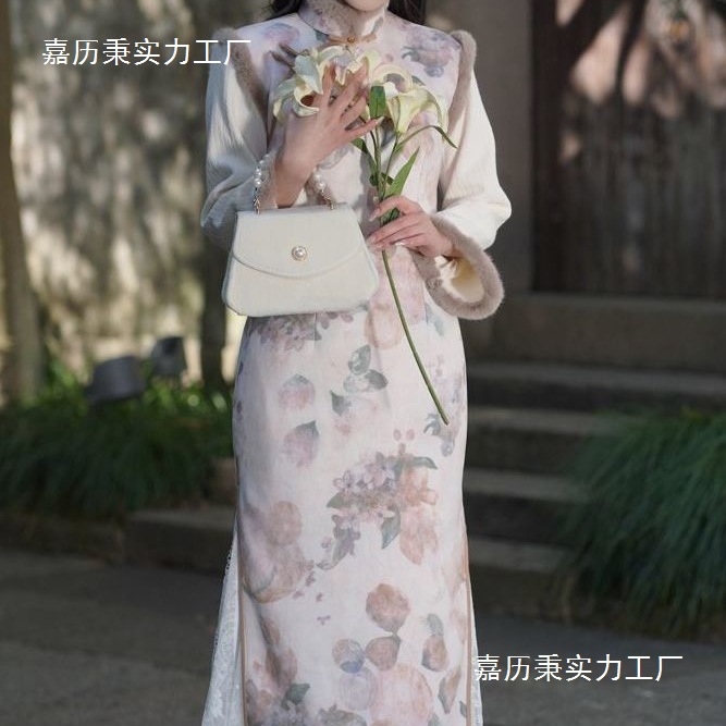 加绒加厚倒大袖旗袍2025冬季复古民国风年轻款少女假两件连衣裙