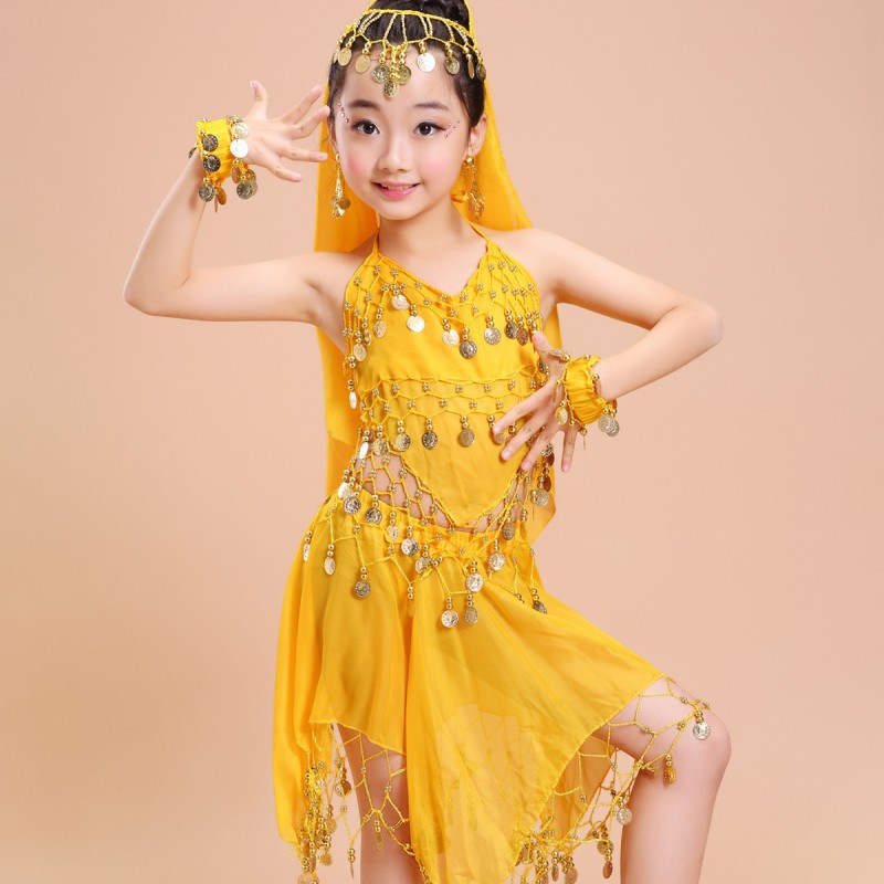 Indian dance performance costumes for Children's Xinjiang Girls' Belly Hanging Coin Skirts Ethnic Dance Costumes_voghion.com