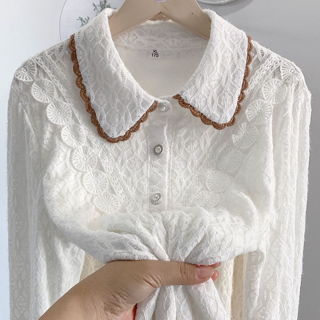 Color matching lace Doll collar Lace shirt Show thin By age Long sleeve double-deck shirt Plush jacket