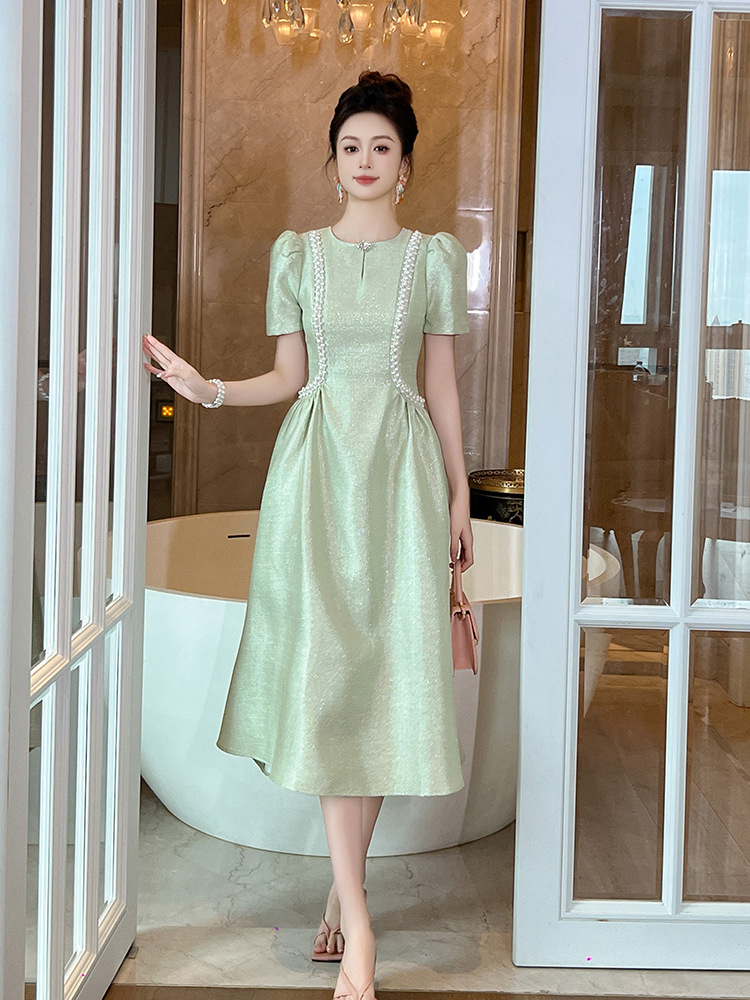 Đầm maxi nữ cổ tròn đính đá thắt eo xòe dáng dài — Xanh bạc hà