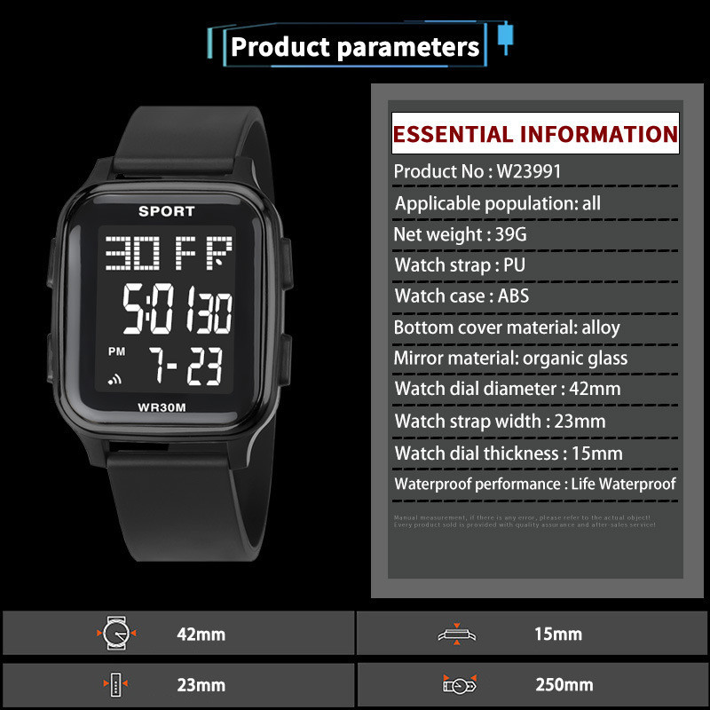 Nuevo personalizado de moda deportes al aire libre multifuncional cuadrado estudiante masculino reloj electrónico hombres impermeable LED digital Mesa