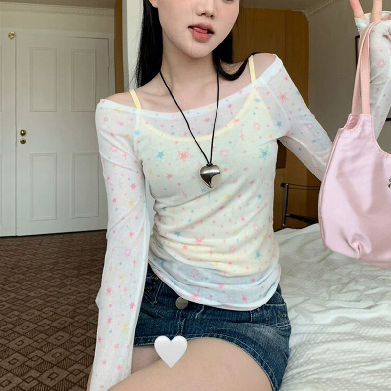 美式辣妹一字肩长袖罩衫夏季薄款星星图案防晒设计感T恤上衣INS潮|undefined