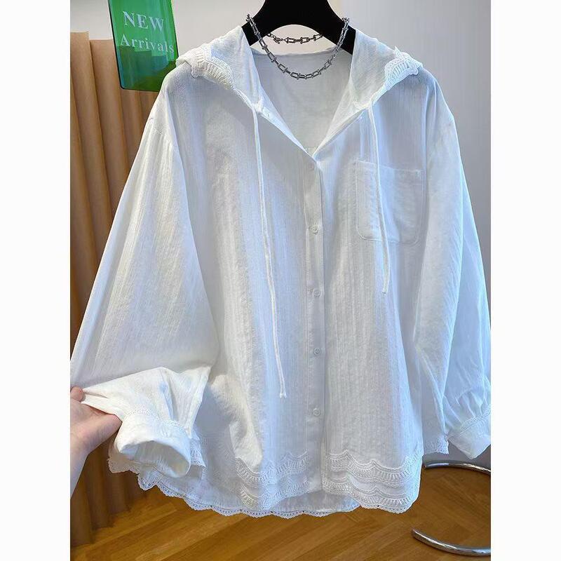 White lace sun-protective hooded shirt for women, long-sleeved, 2026 new style, loose and casual feel, shirt-hoodie top