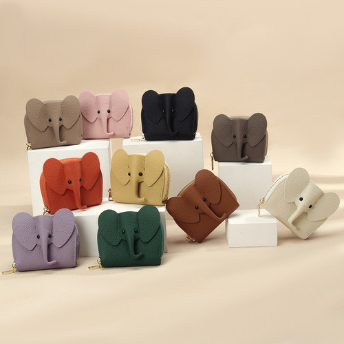 Japanese genuine leather accordion card bag ins creative personality little elephant zipper small wallet solid color multi-card slot document card holder
