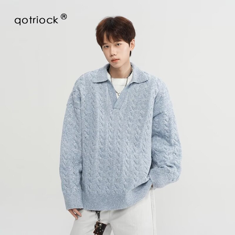 College Style Fake Two-Piece Twisted Sweater Men's Winter Korean Style Lazy Style Knitted Sweater V-Neck Inner Sweater