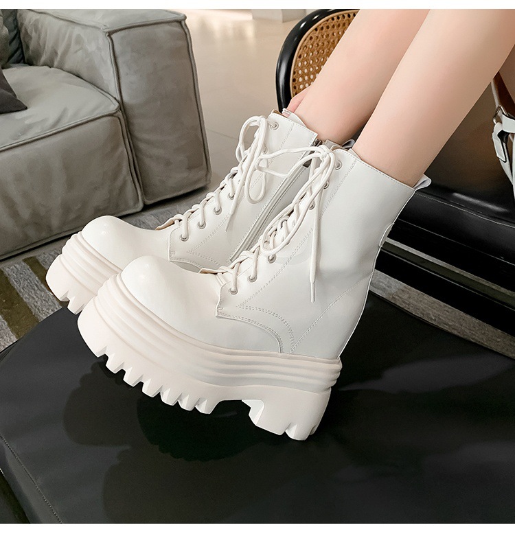 Boot nữ cổ thấp da thật gót siêu cao 15cm đế dày tăng chiều cao lót lông mùa thu đông — Lớp lót đơn màu trắng nhạt 12cm chi tiết 13
