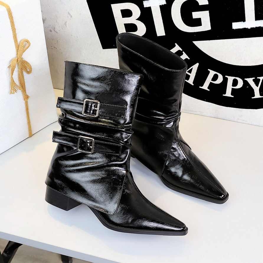 578-19 Leg Boots Folded Pile Boots Children's Pointed Belt Buckle Thick Heel Middle Tube Western Cowboy Boots Knight Boots