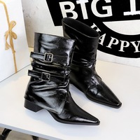 578-19 Leg Boots Folded Pile Boots Children's Pointed Belt Buckle Thick Heel Middle Tube Western Cowboy Boots Knight Boots