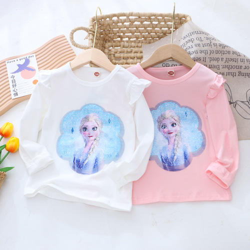 Children's autumn bottoming shirt girls' long-sleeved T-shirt double-sided color-changing sequined princess top cotton