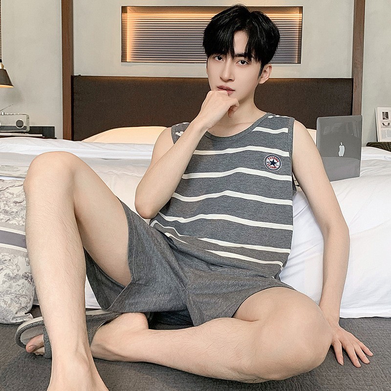 여름 남성 잠옷 모달 얇은 민소매 조끼 반바지 세트 청소년 간단한 캐주얼 느슨한 홈웨어