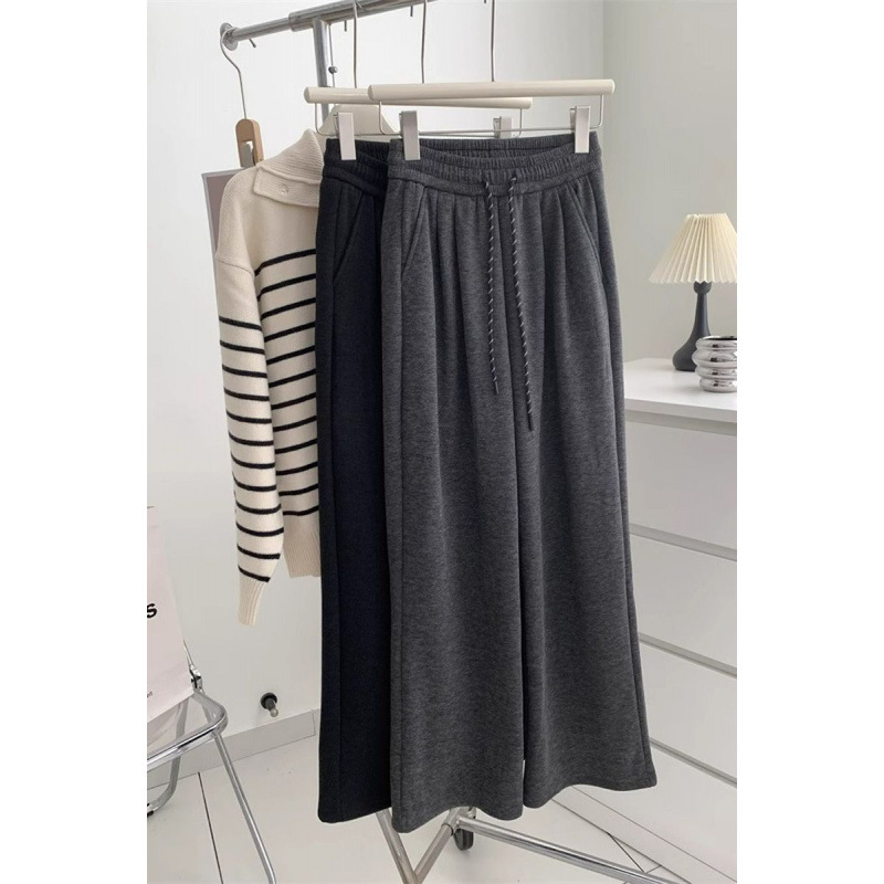 加绒加厚软糯糯米裤子女小个子高腰宽松垂感休闲裤加绒针织拖地裤