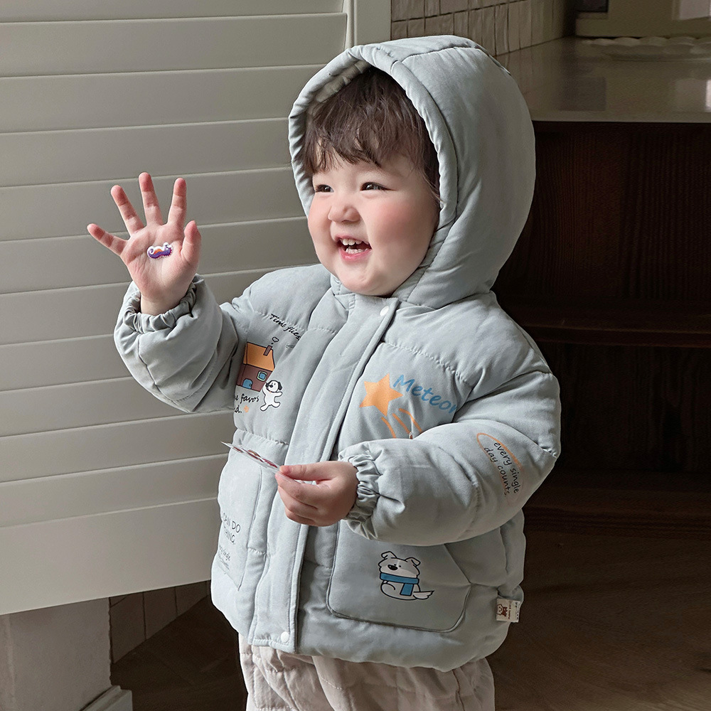Ropa para niños coreanos dibujos animados de invierno ropa de salida cómoda y cálida ropa de algodón con capucha para niños