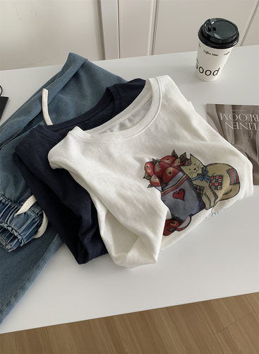 Women's Loose Round Neck Short Sleeve Top with Snowflake Cotton, 2025 Summer Thin Han-style Youthful Cat Fruit Print T-shirt