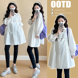 Real Stock Shot~2025 Quality Spring New Maternity Wear Mid-Length Embroidered Shirt Dress Korean Style Trendy Mom