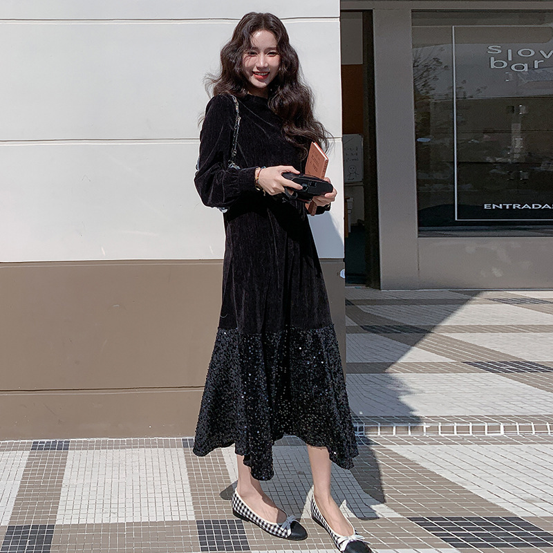 小香风黑色丝绒拼接连衣裙女2025年秋新款韩版宽松显瘦高级感长裙|undefined
