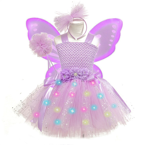 Children's performance costume for girls, princess dress with flashing lights and glowing butterfly wings, handmade tutu dress for June 1st performance.