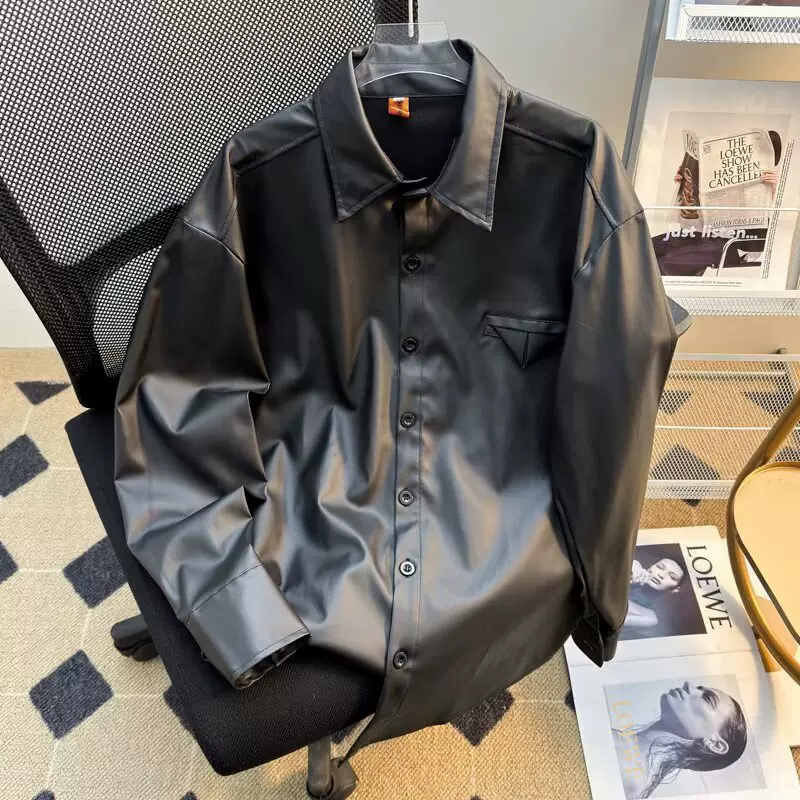 时尚ins百搭无品牌棕色皮夹克翻领简约皮衣衬衫外套新款简约潮流