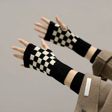 韩式半指经典棋盘格保暖手套 女士针织毛线手套潮骑行保暖手套