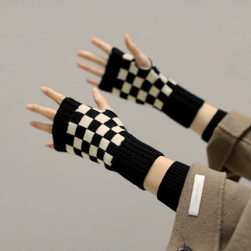 韩式半指经典棋盘格保暖手套 女士针织毛线手套潮骑行保暖手套