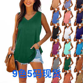 2025亚马逊新款wish欧美爆款V领燕尾无袖纯色背心T恤跨境外贸女装