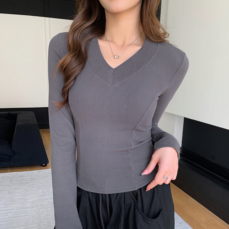 K1207严选百搭v领长袖t恤女早秋冬季内搭打底衫修身显瘦正肩上衣|undefined
