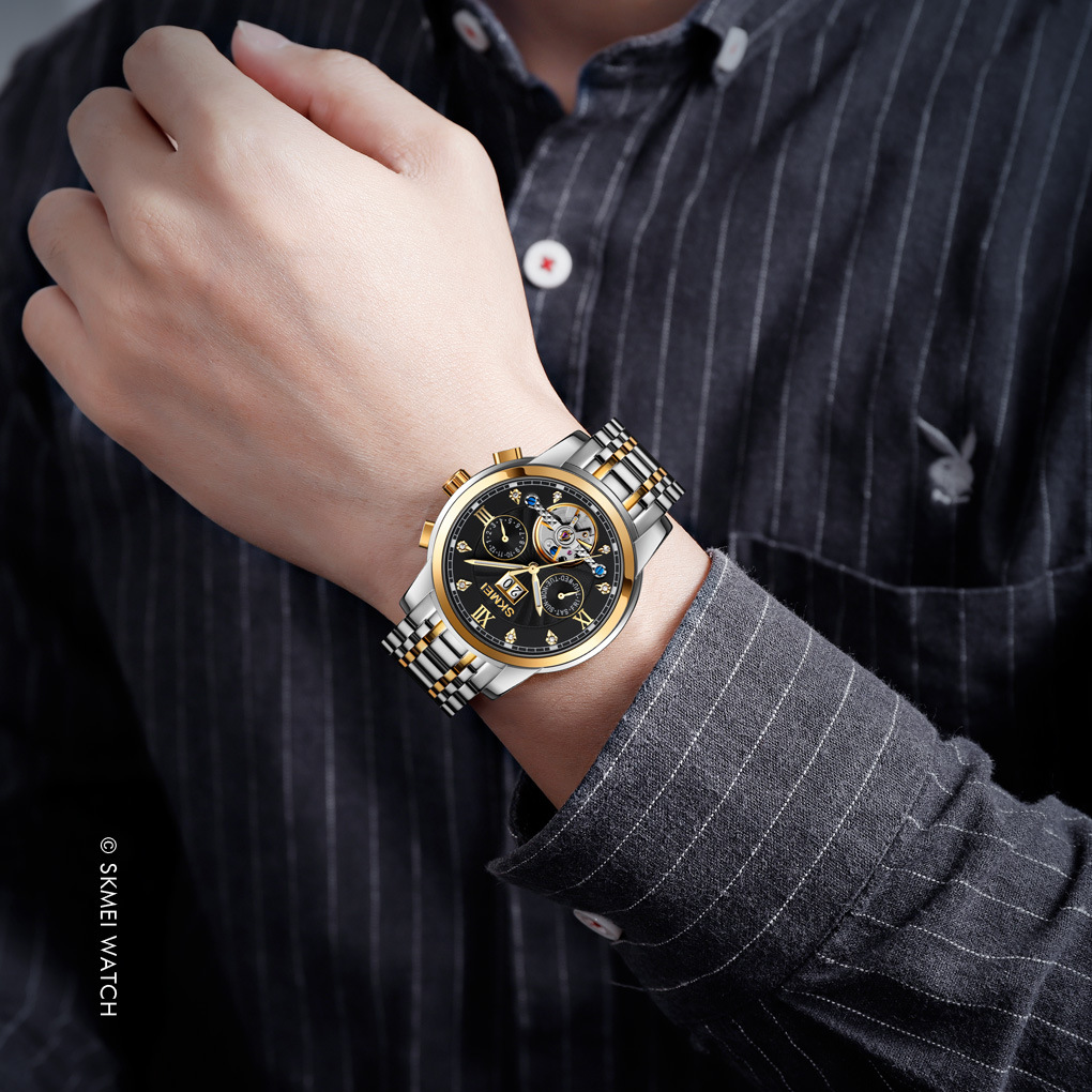 Momento de los relojes mecánicos huecos de volante calendario multifuncional impermeable relojes de pulsera de hombre comercio exterior lote mixto lote personalizado