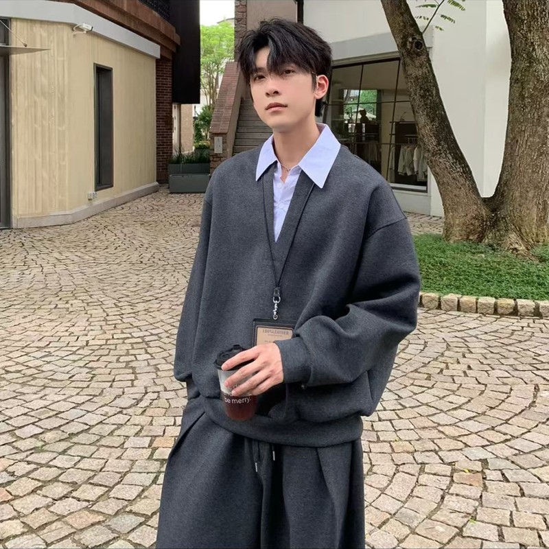 秋季上新高品质宽松型时尚简约休闲轻奢男士假两件卫衣套装棉|undefined